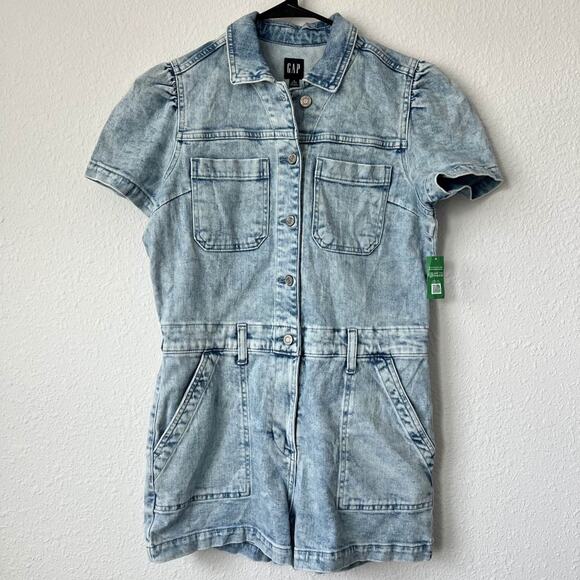 NWT GAP Women's Acid Wash Denim Romper Puff Sleeve Collared Jumper Size 6 Petite - Picture 1 of 7